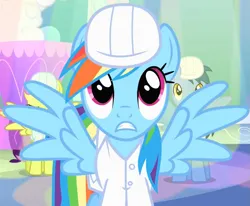 Size: 875x720 | Tagged: safe, derpibooru import, screencap, rainbow dash, pegasus, pony, season 1, sonic rainboom (episode), clothes, female, frown, g4, image, looking up, mare, png, spread wings, weather factory, weather factory uniform, wings