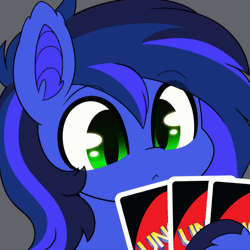 Size: 560x560 | Tagged: safe, artist:sakukitty, derpibooru import, oc, oc:guard cobalt flash, unofficial characters only, bat pony, animated, bat pony oc, bat wings, commission, gif, image, male, no u, playing card, smug, solo, uno, uno reverse card, wings, ych result