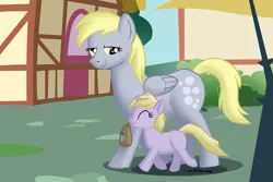 Size: 1200x800 | Tagged: artist needed, safe, derpibooru import, derpy hooves, dinky hooves, pegasus, unicorn, bag, equestria's best mother, eyes closed, female, food, g4, horn, image, jpeg, lunch bag, mother and child, mother and daughter, mouth hold, muffin, signature, smiling, watermark