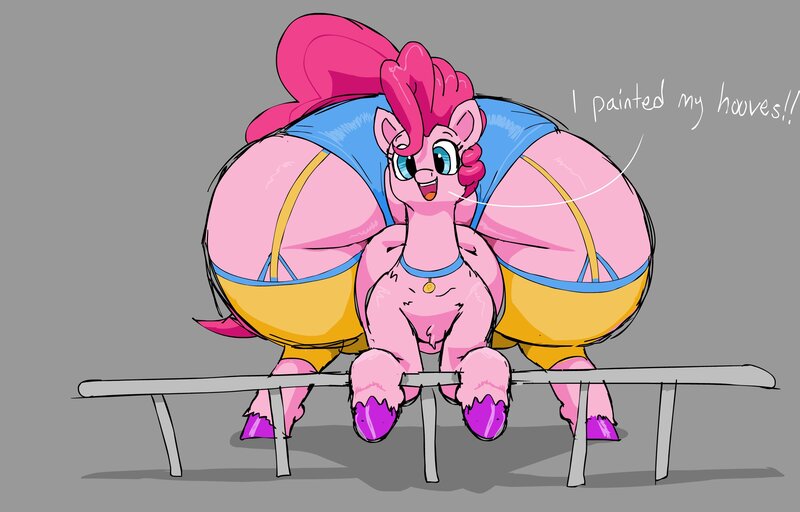 Size: 2588x1656 | Tagged: questionable, artist:parumpi, derpibooru import, pinkie pie, earth pony, pony, balloonbutt, butt, choker, clothes, garter straps, gray background, hoof polish, hooves, huge butt, image, impossibly large butt, jpeg, large butt, leaning forward, looking at you, name tag, painted nails, panties, simple background, socks, solo, stockings, talking to viewer, text, thigh highs, thighs, thunder thighs, underwear, unshorn fetlocks, wide hips