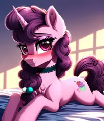 Size: 3429x4000 | Tagged: safe, ai content, derpibooru import, machine learning generated, prompter:midnightdashie, stable diffusion, sugar belle, pony, unicorn, bed, bedroom eyes, blushing, chest fluff, choker, cute, ear fluff, female, fluffy, g4, generator:pony diffusion v6 xl, high res, horn, image, looking at you, lying down, png, shy, solo