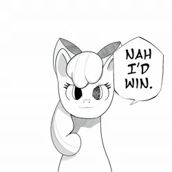 Size: 2048x2048 | Tagged: safe, artist:cuddleteambirb, derpibooru import, apple bloom, earth pony, pony, :3, female, filly, foal, image, jpeg, jujutsu kaisen, lineart, looking at you, meme, nah i'd win, ponified meme, simple background, solo, speech bubble, text, white background