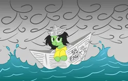 Size: 1362x861 | Tagged: safe, artist:dhm, derpibooru import, oc, oc:anonfilly, pony, boat, cloud, cute, digital art, female, filly, hat, image, looking at you, newspaper, ocean, paper boat, paper hat, png, raincoat, sailing, slur, solo, splash, storm, water, wave