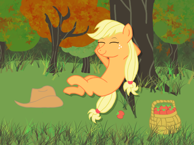 Size: 1024x768 | Tagged: safe, artist:noobpwner, derpibooru import, applejack, earth pony, apple, applejack's hat, basket, cowboy hat, crossed legs, food, g4, hat, image, png, sitting, solo, tree