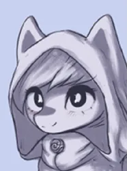 Size: 433x583 | Tagged: safe, artist:mrscroup, derpibooru import, oc, oc:eathelin, pony, equestria at war mod, black and white, bust, cat ears, clothes, cute, female, grayscale, hood, image, looking at you, mare, monochrome, png, smiling, smiling at you, solo