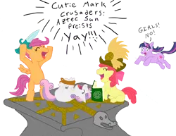 Size: 1757x1359 | Tagged: safe, artist:wolferahm, derpibooru import, apple bloom, scootaloo, sweetie belle, twilight sparkle, earth pony, pegasus, pony, unicorn, aztec, bipedal, bondage, cutie mark crusaders, female, filly, foal, g4, hogtied, horn, image, mare, misspelling, png, sacrifice, simple background, this will end in tears, transparent background, unicorn twilight