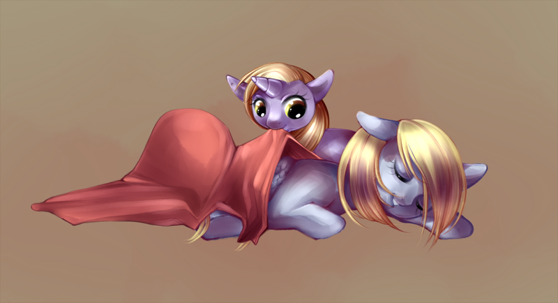 Size: 1050x570 | Tagged: safe, artist:zanthu, derpibooru import, derpy hooves, dinky hooves, pegasus, unicorn, blanket, female, g4, horn, image, mother and child, mother and daughter, png, sleeping