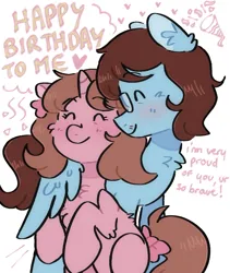 Size: 1351x1599 | Tagged: safe, derpibooru import, oc, unofficial characters only, pegasus, pony, unicorn, birthday, blue coat, brown hair, brown mane, couple, duo, duo male and female, eyes closed, female, glasses, horn, hug, hugging a pony, image, jpeg, love, male, pegasus oc, pink coat, purple coat, ship, shipping, unicorn oc, wings