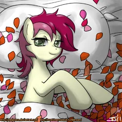 Size: 900x900 | Tagged: safe, alternate version, artist:johnjoseco, derpibooru import, roseluck, earth pony, pony, adobe imageready, bed, female, flower, g4, image, looking at you, mare, morning ponies, pillow, png, rose, rose petals, smiling, solo