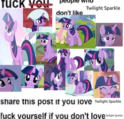 Size: 1250x1202 | Tagged: safe, derpibooru import, screencap, fluttershy, twilight sparkle, twilight sparkle (alicorn), alicorn, pony, unicorn, alternate hairstyle, apple slice, cute, fuck yourself if you don't love x, golden oaks library, happy, horn, humor, image, library, lidded eyes, looking at you, meme, multeity, pillow, png, simple background, sitting, smiling, smiling at you, text, unicorn twilight, vulgar, white background