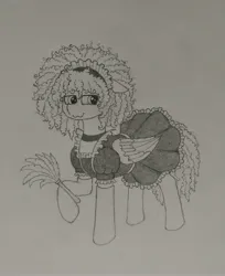 Size: 2945x3617 | Tagged: safe, artist:curly horse, derpibooru import, oc, pegasus, pony, :3, clothes, cosplay, costume, curly hair, curly mane, curly tail, duster, fluffy, high res, image, jpeg, maid, maid headdress, male, pencil drawing, simple background, socks, solo, stallion, tail, traditional art, white background