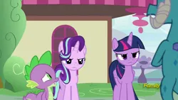 Size: 1024x576 | Tagged: safe, derpibooru import, screencap, princess ember, spike, starlight glimmer, twilight sparkle, twilight sparkle (alicorn), alicorn, dragon, pony, unicorn, triple threat, angry, baby, baby dragon, discovery family, discovery family logo, female, g4, horn, image, jpeg, logo, male, mare