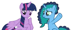 Size: 1260x530 | Tagged: safe, artist:angellight-bases, artist:twilyisbestpone, derpibooru import, twilight sparkle, twilight sparkle (alicorn), alicorn, pony, unicorn, g5, base used, derpibooru exclusive, duo, duo female, female, frown, g4, g5 to g4, generation leap, hooves up, horn, image, mare, misty brightdawn, png, simple background, smiling, spread wings, transparent background, wings