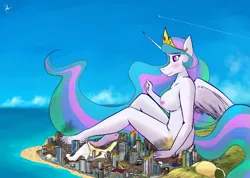 Size: 1280x913 | Tagged: artist needed, source needed, useless source url, suggestive, derpibooru import, princess celestia, alicorn, anthro, plantigrade anthro, bra, breasts, building, city, clothes, destruction, female, giantlestia, high heels, horn, image, jet, macro, nudity, png, shoes, solo, underwear, violence, wings