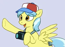 Size: 783x570 | Tagged: artist needed, safe, derpibooru import, tracy flash, pegasus, baseball cap, camera, cap, g4, hat, image, png, pointing, simple background