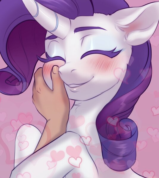 Size: 3568x4000 | Tagged: safe, artist:helemaranth, derpibooru import, rarity, pony, unicorn, blushing, eyes closed, hand, hand on cheek, heart, horn, image, jpeg, simple background, smiling