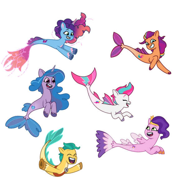 Size: 1280x1280 | Tagged: safe, artist:dazzle, derpibooru import, hitch trailblazer, izzy moonbow, pipp petals, sunny starscout, zipp storm, merpony, sea pony, g5, my little pony: tell your tale, fish tail, image, mermaid tail, misty brightdawn, png, tail