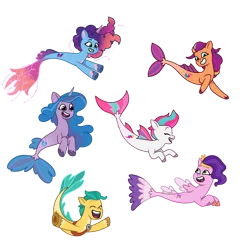 Size: 1280x1280 | Tagged: safe, artist:dazzle, derpibooru import, hitch trailblazer, izzy moonbow, pipp petals, sunny starscout, zipp storm, merpony, sea pony, g5, my little pony: tell your tale, fish tail, image, mermaid tail, misty brightdawn, png, tail