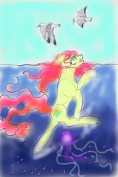 Size: 1451x2167 | Tagged: safe, artist:midnightmoon1986, derpibooru import, oc, unofficial characters only, bird, earth pony, fish, jellyfish, pony, asphyxiation, bags under eyes, bubble, colored, drowning, female, female focus, floppy ears, frown, image, irony, jpeg, mare, ocean, open mouth, partially submerged, solo focus, tail, water