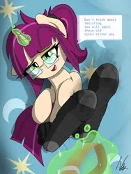 Size: 3000x4000 | Tagged: suggestive, alternate version, artist:noomeralf, derpibooru import, oc, oc:april emerald, unofficial characters only, pony, unicorn, bed, bedroom eyes, clothes, dirty hooves, dirty socks, female, fetish, glasses, hoof fetish, horn, image, leash, levitation, looking at you, magic, mare, pet play, png, sock fetish, socks, solo, speech bubble, sweaty hooves, sweaty socks, telekinesis