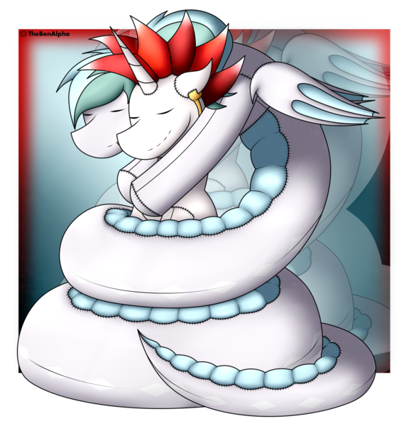 Size: 1709x1803 | Tagged: safe, artist:thebenalpha, derpibooru import, oc, oc:biru, oc:ryoku memori, alicorn, lamia, original species, plush pony, pony, snake, coiling, coils, image, plushie, png