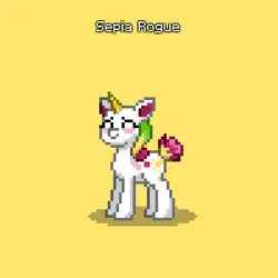 Size: 596x595 | Tagged: safe, derpibooru import, oc, oc:sepia rogue, unofficial characters only, pony, unicorn, pony town, blank flank, body markings, colored ear fluff, colored horn, facial markings, female, horn, image, mare, markings, multicolored hair, pixel art, png, short tail, simple background, tail