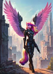 Size: 1000x1400 | Tagged: safe, ai content, derpibooru import, machine learning generated, prompter:star-dragon, stable diffusion, princess cadance, alicorn, anthro, armor, breasts, busty princess cadance, city, cyberpunk, fantasy, female, g4, generator:pony diffusion v6 xl, image, png, science fiction, solo, solo female, spread wings, weapon, wings