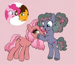 Size: 2556x2221 | Tagged: safe, artist:polyushko, derpibooru import, cheese sandwich, pinkie pie, oc, unnamed oc, earth pony, pony, bipedal, candy, candy in hair, duo, face grab, female, food, freckles, hoof on face, image, jpeg, looking away, mare, offspring, parent:cheese sandwich, parent:pinkie pie, parents:cheesepie, siblings, sisters, smiling