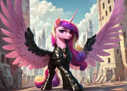 Size: 1400x1000 | Tagged: safe, ai content, derpibooru import, machine learning generated, prompter:star-dragon, stable diffusion, princess cadance, alicorn, pony, armor, city, cyberpunk, fantasy, female, g4, generator:pony diffusion v6 xl, image, png, science fiction, solo, solo female, spread wings, wings