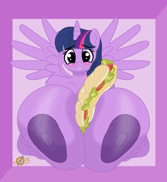 Size: 4808x5244 | Tagged: questionable, alternate version, artist:cogsfixmore, derpibooru import, part of a set, twilight sparkle, twilight sparkle (alicorn), alicorn, anthro, pony, april fools 2024, areola, between breasts, big areola, big breasts, big nipples, blushing, breasts, busty twilight sparkle, female, food, g4, huge breasts, image, impossibly large breasts, lip bite, looking at you, mare, nipples, not porn, nudity, png, sandwich, sandwich censorship, solo, solo female, spread wings, wings
