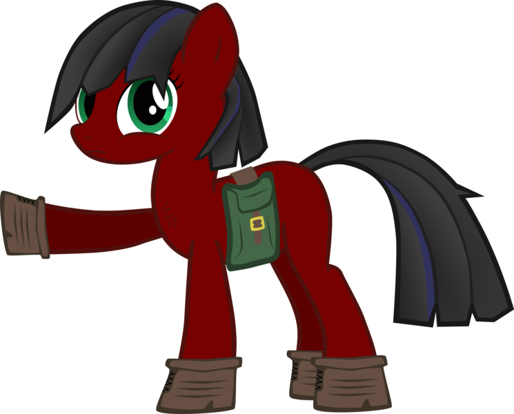 Size: 3363x2707 | Tagged: safe, artist:., derpibooru import, oc, oc:antimony (.), unofficial characters only, earth pony, pony, adult blank flank, bag, blank flank, boots, chest fluff, clothes, derpibooru exclusive, female, frown, high res, image, looking at you, mare, png, pointing, saddle bag, shoes, simple background, solo, transparent background, vector