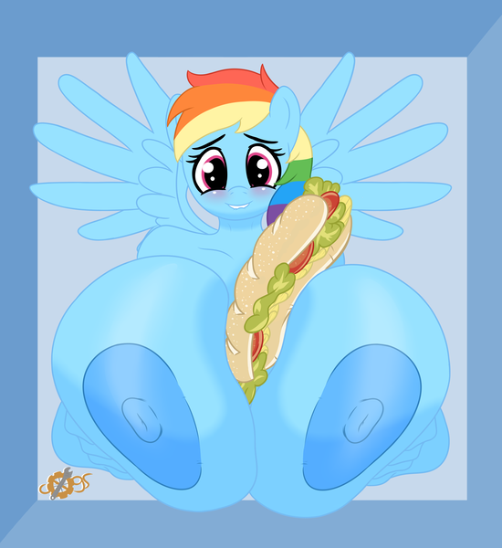 Size: 4808x5244 | Tagged: questionable, alternate version, artist:cogsfixmore, derpibooru import, part of a set, rainbow dash, anthro, pegasus, pony, alternate character, april fools, april fools 2024, areola, between breasts, big areola, big breasts, big nipples, blushing, breasts, busty rainbow dash, female, food, g4, huge breasts, image, impossibly large breasts, lip bite, looking at you, mare, nipples, not porn, nudity, png, sandwich, sandwich censorship, solo, solo female, spread wings, wings