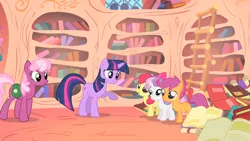 Size: 1280x720 | Tagged: safe, derpibooru import, screencap, apple bloom, cheerilee, scootaloo, sweetie belle, twilight sparkle, earth pony, pony, unicorn, the show stoppers, animation error, bag, coloring error, cutie mark crusaders, earth pony scootaloo, error, female, g4, golden oaks library, horn, image, library, looking at each other, looking at someone, open mouth, open smile, png, race swap, raised hoof, smiling, smiling at each other, walking, wingless