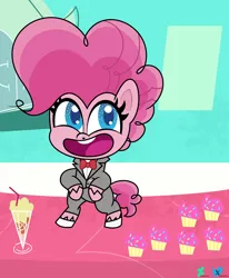 Size: 6600x8010 | Tagged: safe, artist:kuren247, derpibooru import, pinkie pie, earth pony, pony, my little pony: pony life, big smile, clothes, costume, crossover, cupcake, dancing, drink, food, image, looking away, milkshake, parody, pee-wee herman, png, shoes, show accurate, solo, sugarcube corner, suit
