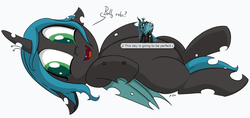 Size: 1450x687 | Tagged: safe, alternate version, artist:soccy, derpibooru import, queen chrysalis, changeling, changeling queen, derpibooru, april fools 2024, bellyrubs, desktop ponies, female, image, lying down, meta, pixel art, pixelated, png, speech bubble, sprite