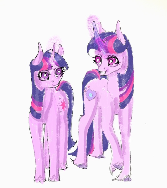 Size: 1671x1882 | Tagged: safe, artist:midnightmoon1986, derpibooru import, izzy moonbow, twilight sparkle, pony, unicorn, g5, cloven hooves, disguise, duo, duo female, female, g4, generational ponidox, glow, glowing horn, grin, height difference, horn, image, jpeg, magic, magic aura, mare, simple background, smiling, tail, twilight wig, unicorn twilight, unshorn fetlocks, white background, wig
