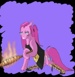 Size: 1756x1790 | Tagged: safe, artist:midnightmoon1986, derpibooru import, pinkie pie, earth pony, pony, barbed wire, baseball bat, cactus jack, clothes, female, fire, g4, grin, image, mare, pinkamena diane pie, png, shirt, smiling, solo, tail, unshorn fetlocks