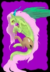 Size: 1484x2119 | Tagged: safe, artist:midnightmoon1986, derpibooru import, oc, unofficial characters only, draconequus, hybrid, concave belly, half-pony, image, interspecies offspring, jpeg, male, offspring, parent:discord, parent:fluttershy, parents:discoshy, smiling, solo, spread wings, tail, unshorn fetlocks, wings