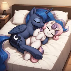 Size: 1536x1536 | Tagged: safe, ai content, derpibooru import, generator:autismmix 2.5d style, machine learning generated, stable diffusion, princess luna, sweetie belle, alicorn, pony, unicorn, bed, bedroom, bedsheets, bedside stand, book, butt, cheek fluff, chest fluff, cuddling, cute, diasweetes, dock, duo, duo female, ear fluff, eyes closed, female, filly, foal, frog (hoof), g4, horn, image, indoors, lamp, laying on bed, leg fluff, lying down, mare, on back, on bed, pillow, plot, png, prompter:tyto4tme4l, side, smiling, tail, underhoof, wing fluff, wings