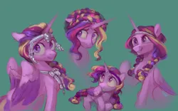 Size: 3000x1875 | Tagged: safe, artist:jewellier, derpibooru import, princess cadance, alicorn, pony, comic:the princess of love, alternate hairstyle, female, filly, filly cadance, foal, g4, green background, headdress, high res, image, jewelry, mare, necklace, png, simple background, solo, younger