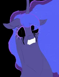 Size: 1548x2032 | Tagged: safe, artist:midnightmoon1986, derpibooru import, princess luna, alicorn, pony, black background, black sclera, black tears, bust, fangs, female, g4, gritted teeth, horn, image, looking at you, mare, png, portrait, simple background, slit pupils, solo, song in the description, tail, teeth