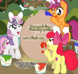 Size: 2100x2000 | Tagged: safe, artist:nitei, derpibooru import, apple bloom, scootaloo, sweetie belle, earth pony, pegasus, pony, unicorn, apple, apple tree, bow, bunny ears, butt, confused, cutie mark crusaders, dialogue, easter, easter egg, egg, food, g4, hair bow, happy, hay, holiday, horn, image, looking up, magic, paint, paint can, paintbrush, painting, plot, png, raised hoof, smiling, stool, tree