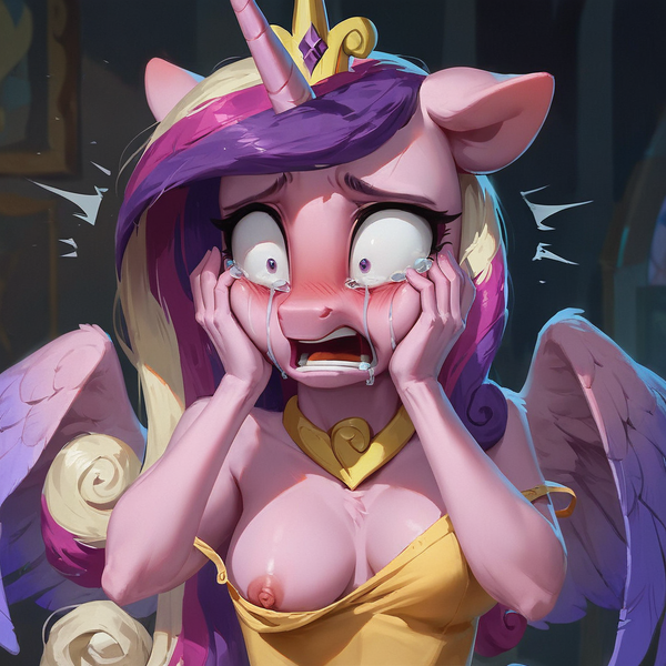 Size: 1024x1024 | Tagged: questionable, ai content, derpibooru import, machine learning generated, stable diffusion, princess cadance, anthro, blushing, breasts, clothes, crying, dress, exposed breasts, female, generator:pony diffusion v6 xl, hands on cheeks, image, implied infidelity, nipple slip, nipples, nudity, png, shocked, shocked expression, solo, solo female, upper body, wardrobe malfunction, wide eyes