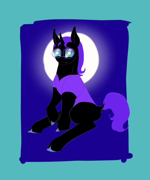 Size: 1620x1940 | Tagged: safe, artist:midnightmoon1986, derpibooru import, oc, oc:nyx, unofficial characters only, alicorn, pony, clothes, female, filly, foal, full moon, glasses, horn, image, looking at you, moon, png, shirt, sitting, solo, tail, unshorn fetlocks