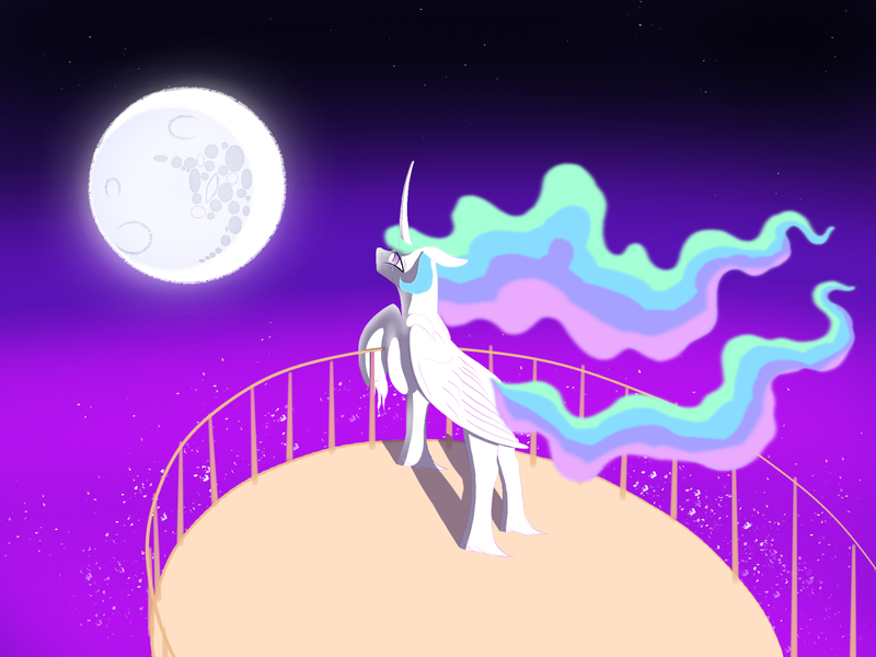 Size: 2048x1536 | Tagged: safe, artist:midnightmoon1986, derpibooru import, princess celestia, alicorn, pony, balcony, crying, ethereal mane, ethereal tail, female, floppy ears, folded wings, full moon, g4, horn, image, implied nightmare moon, mare, mare in the moon, moon, night, png, sad, solo, stars, tail, unshorn fetlocks, wings