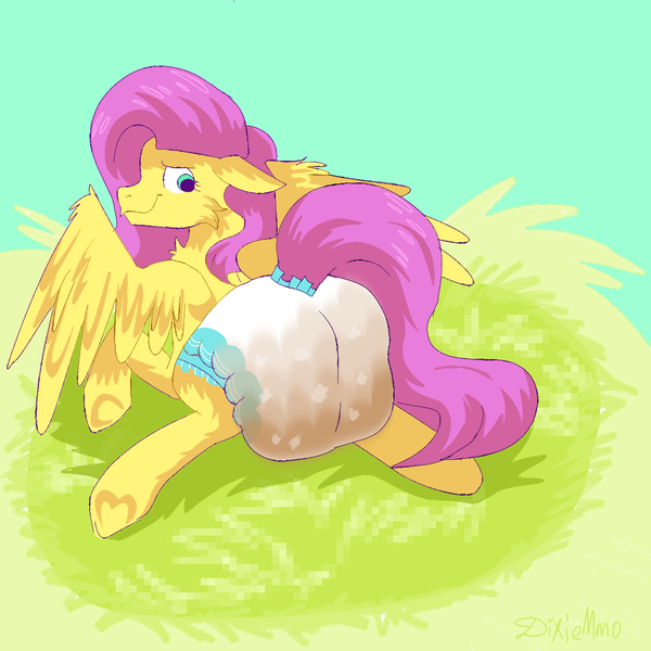 Size: 1280x1280 | Tagged: questionable, artist:diximmo, derpibooru import, fluttershy, pegasus, pony, diaper, diaper fetish, female, fetish, from behind, image, looking back, lying down, mare, messy diaper, png, solo