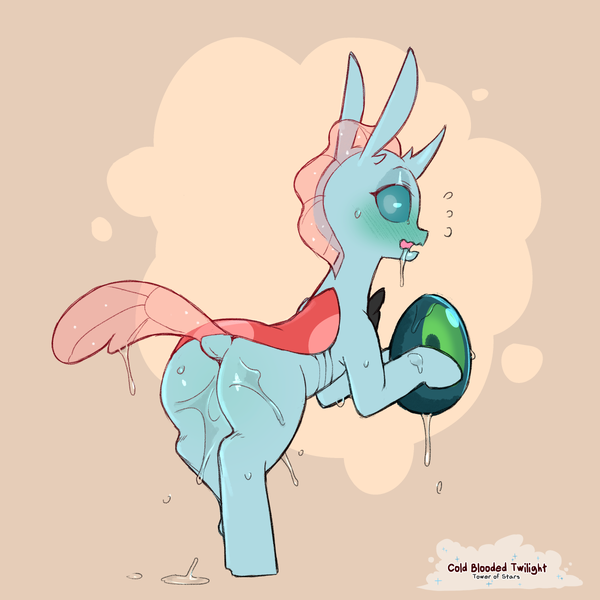 Size: 1200x1200 | Tagged: suggestive, artist:cold-blooded-twilight, derpibooru import, ocellus, changeling, blushing, bow, bunny ears, dock, dripping, drool, easter, egg, from behind, holiday, image, implied oviposition, looking back, open mouth, png, raised leg, raised tail, sweat, tail, wet