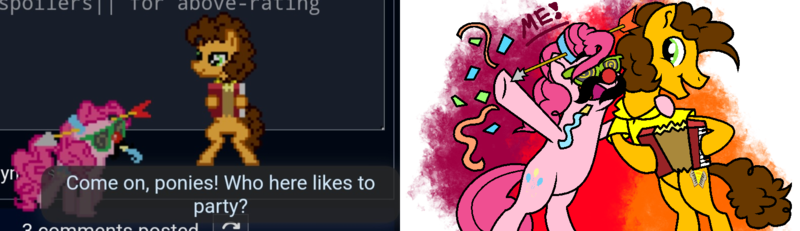 Size: 1580x456 | Tagged: safe, artist:lindasaurie, derpibooru import, cheese sandwich, pinkie pie, earth pony, pony, derpibooru, accessory, accordion, april fools, april fools 2024, clown, clown nose, confetti, derpibooru exclusive, dialogue, duo, duo male and female, fake moustache, female, glasses, happy, hug, image, looking at someone, male, meta, musical instrument, open mouth, party horn, pixel art, png, rearing, red nose