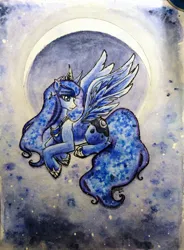 Size: 1280x1743 | Tagged: source needed, safe, artist:weileash, derpibooru import, princess luna, alicorn, pony, female, g4, image, jewelry, jpeg, mare, solo, spread wings, traditional art, wings