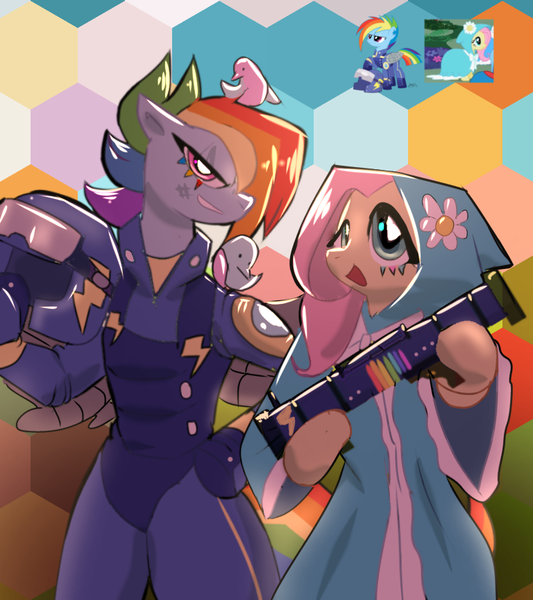 Size: 768x865 | Tagged: safe, artist:peanutfrogy, derpibooru import, screencap, fluttershy, rainbow dash, anthro, bird, pegasus, secret of my excess, the cutie re-mark, abstract background, alternate hairstyle, alternate timeline, apocalypse dash, armor, bowtie, bruised, cloak, clothes, colored eyelashes, crystal war timeline, cute, dashabetes, dress, female, flower, flutterdash, g4, gun, happy, helmet, hooded cape, hoodie, image, lesbian, open mouth, png, rocket launcher, scar, shipping, shyabetes, smiling, smirk, weapon, weapons-grade cute, wings